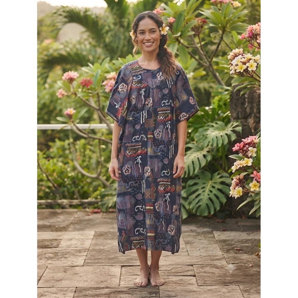 Go Softly Abstract Print Muumuu Caftan Dress Womens Large Navy Cotton Rayon Boho